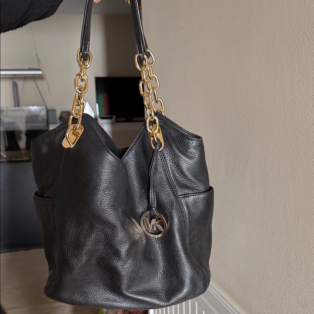 Michael Kors Black Shoulder Bag with Gold Accents